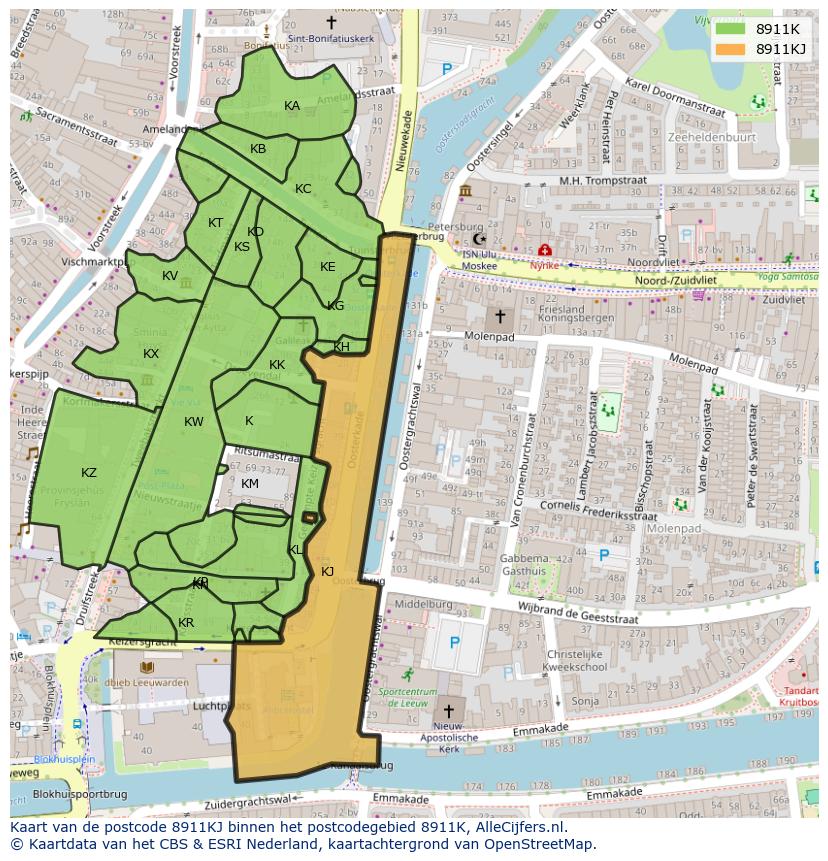 Afbeelding van het postcodegebied 8911 KJ op de kaart.