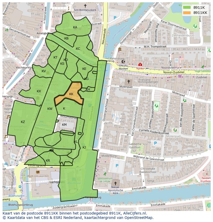 Afbeelding van het postcodegebied 8911 KK op de kaart.
