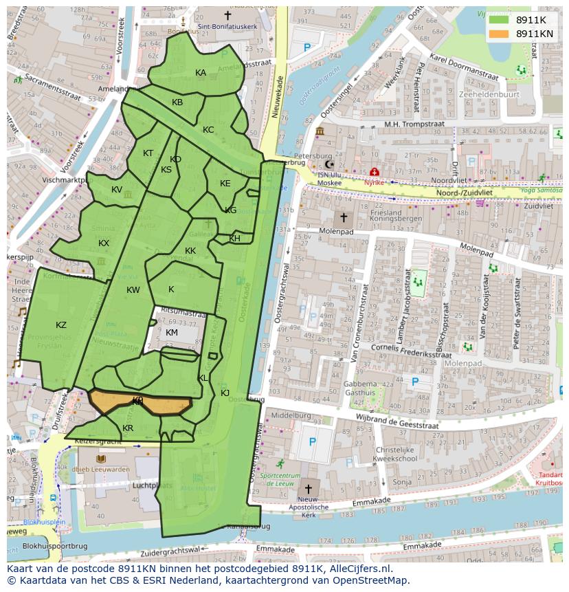Afbeelding van het postcodegebied 8911 KN op de kaart.