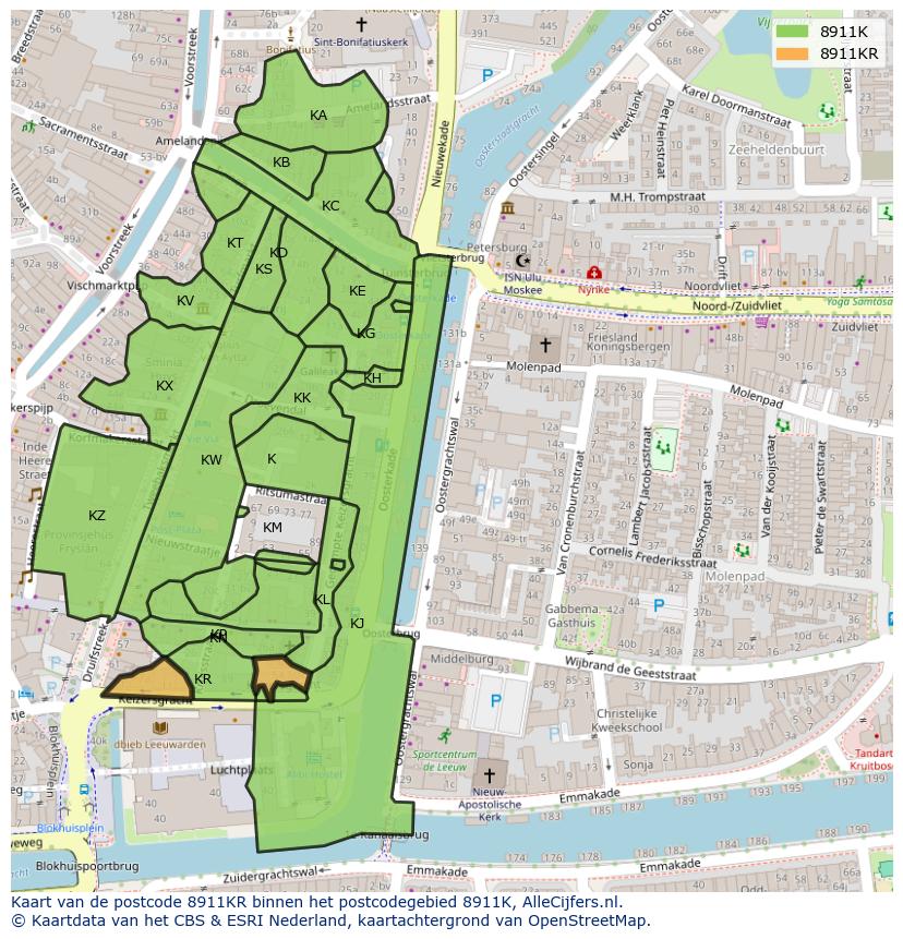 Afbeelding van het postcodegebied 8911 KR op de kaart.