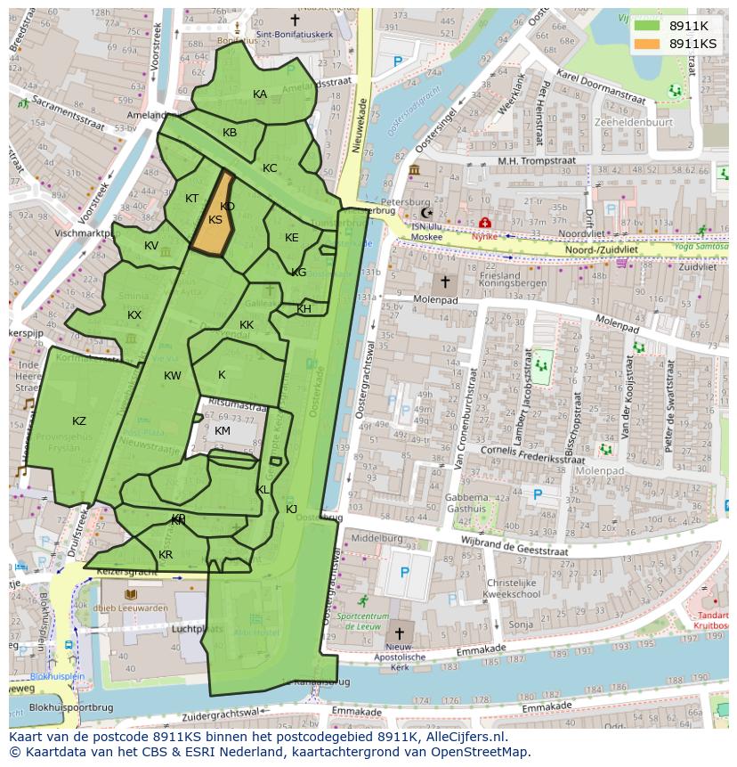 Afbeelding van het postcodegebied 8911 KS op de kaart.