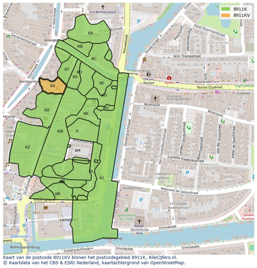 Afbeelding van het postcodegebied 8911 KV op de kaart.