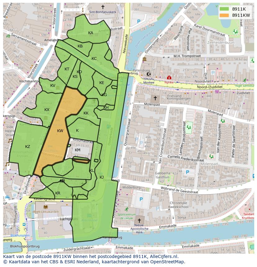 Afbeelding van het postcodegebied 8911 KW op de kaart.