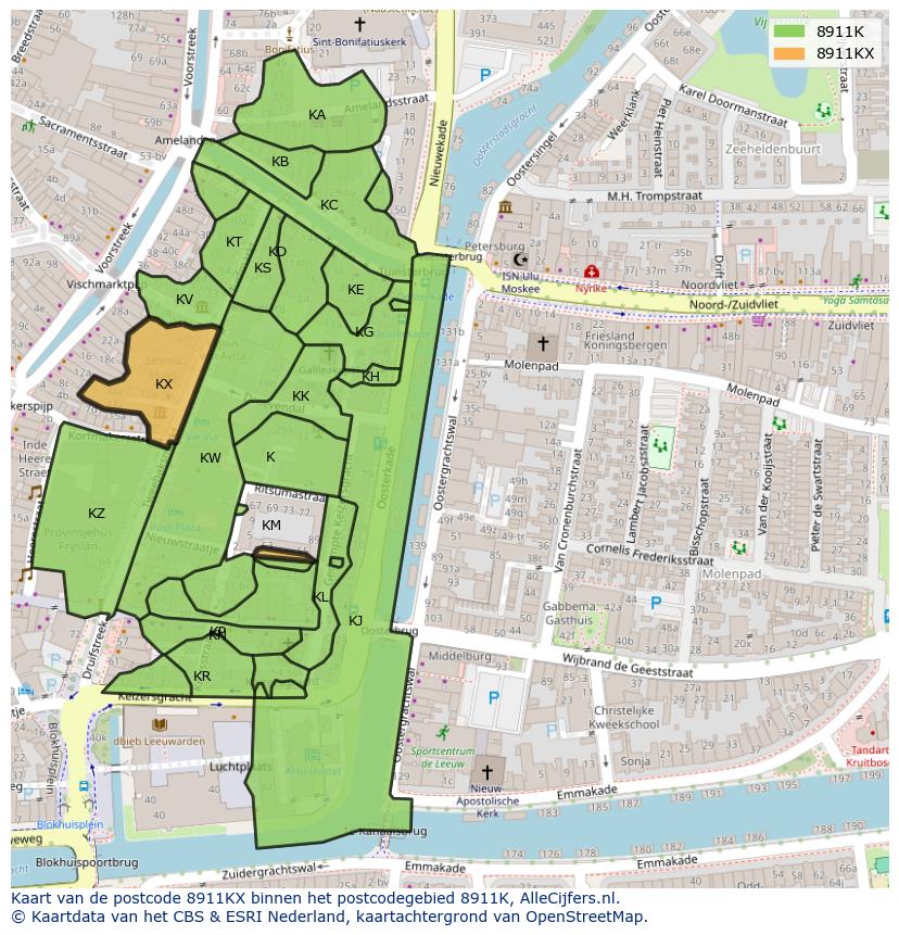 Afbeelding van het postcodegebied 8911 KX op de kaart.