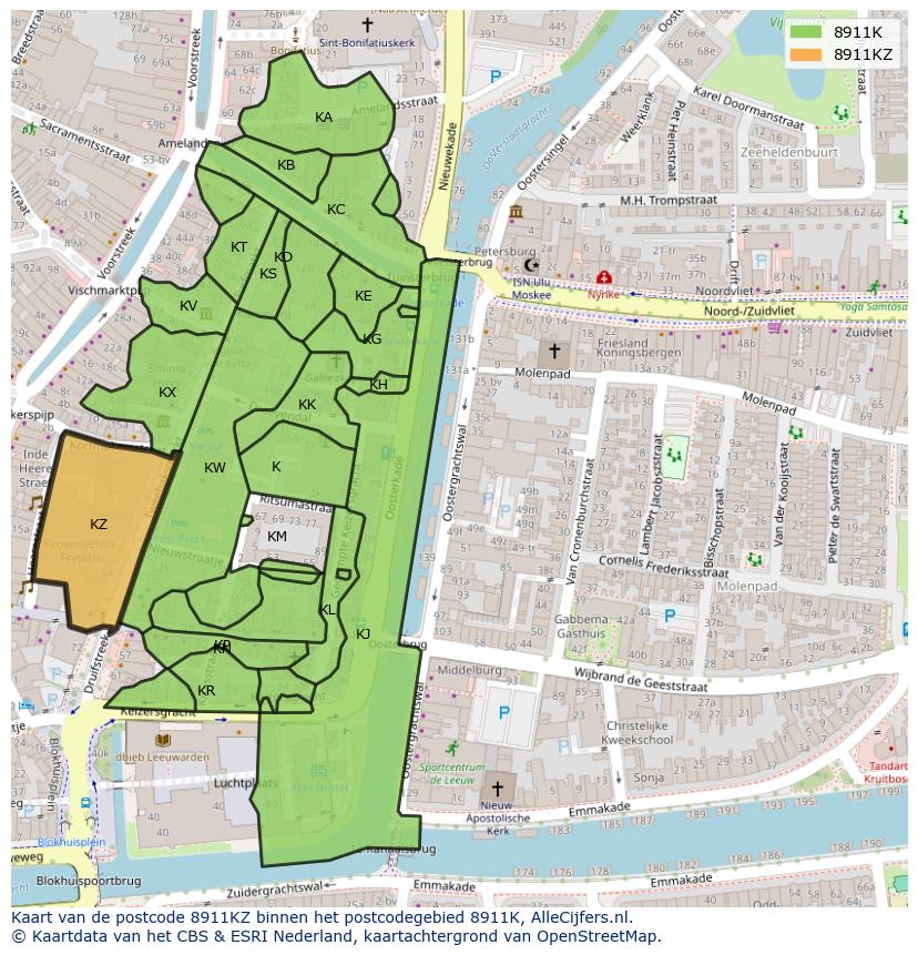 Afbeelding van het postcodegebied 8911 KZ op de kaart.