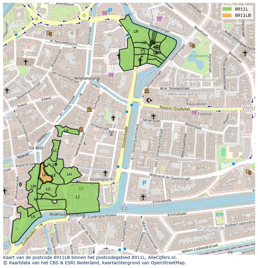 Afbeelding van het postcodegebied 8911 LB op de kaart.