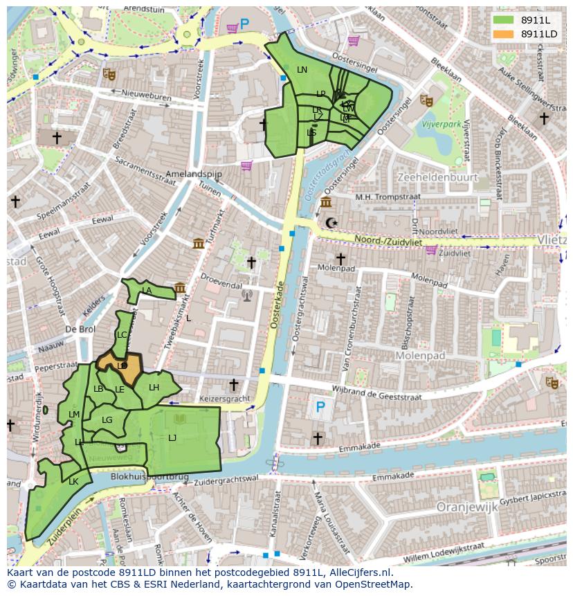 Afbeelding van het postcodegebied 8911 LD op de kaart.