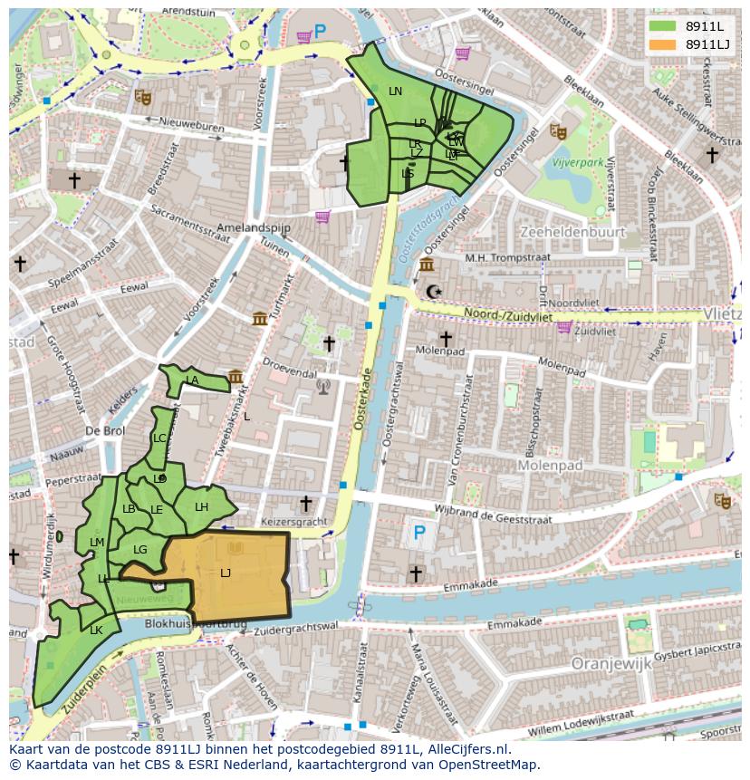 Afbeelding van het postcodegebied 8911 LJ op de kaart.