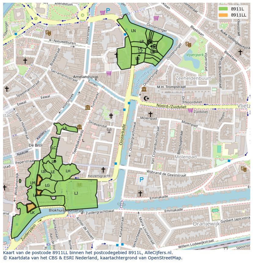 Afbeelding van het postcodegebied 8911 LL op de kaart.