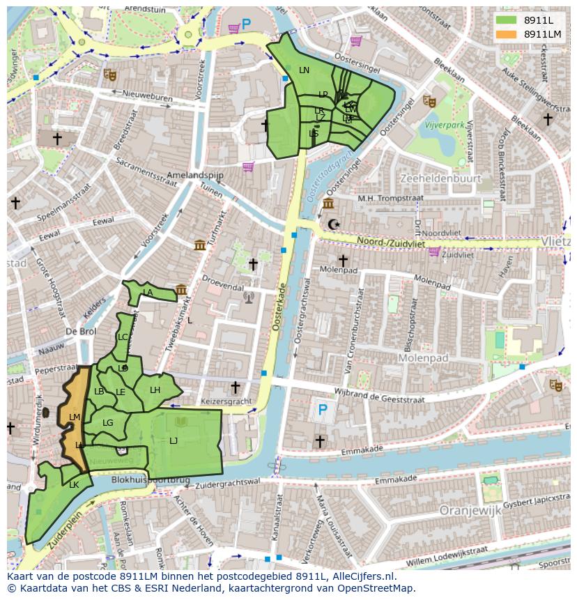Afbeelding van het postcodegebied 8911 LM op de kaart.