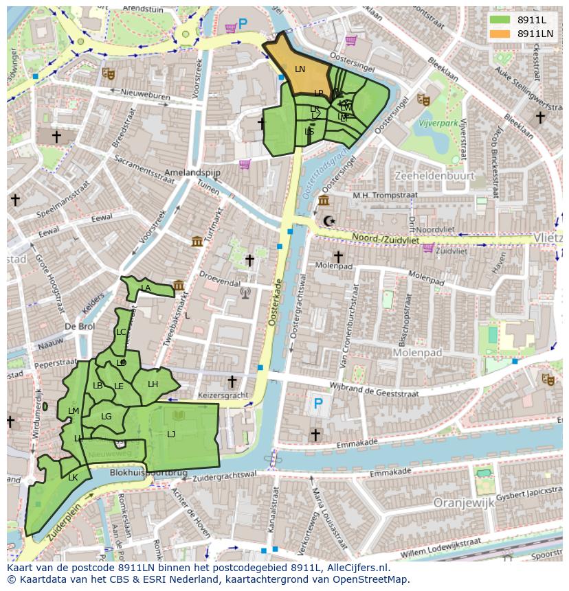 Afbeelding van het postcodegebied 8911 LN op de kaart.