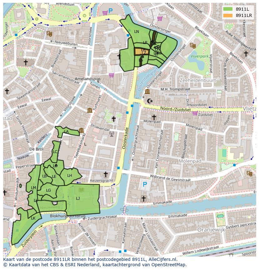 Afbeelding van het postcodegebied 8911 LR op de kaart.