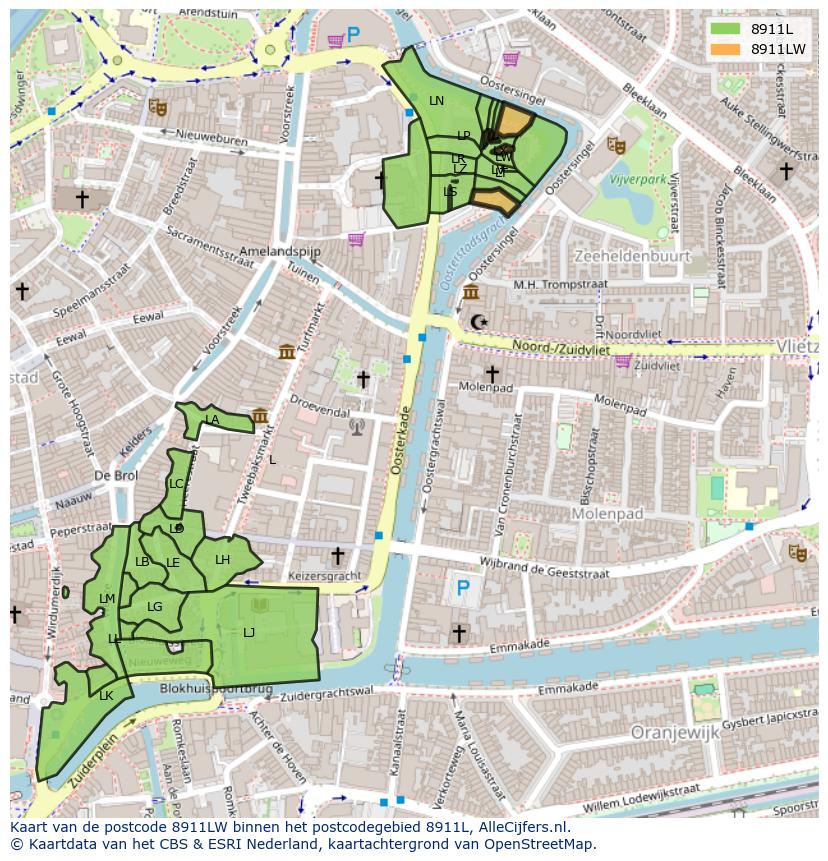 Afbeelding van het postcodegebied 8911 LW op de kaart.