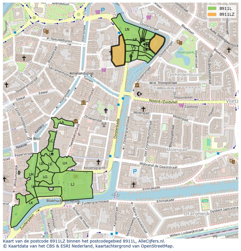 Afbeelding van het postcodegebied 8911 LZ op de kaart.