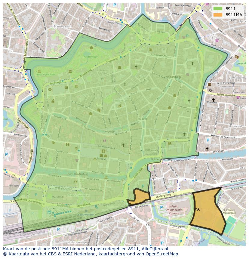 Afbeelding van het postcodegebied 8911 MA op de kaart.