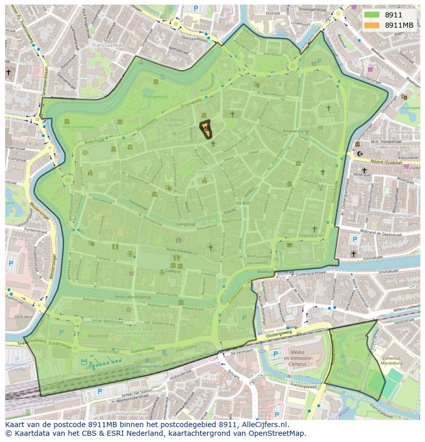 Afbeelding van het postcodegebied 8911 MB op de kaart.