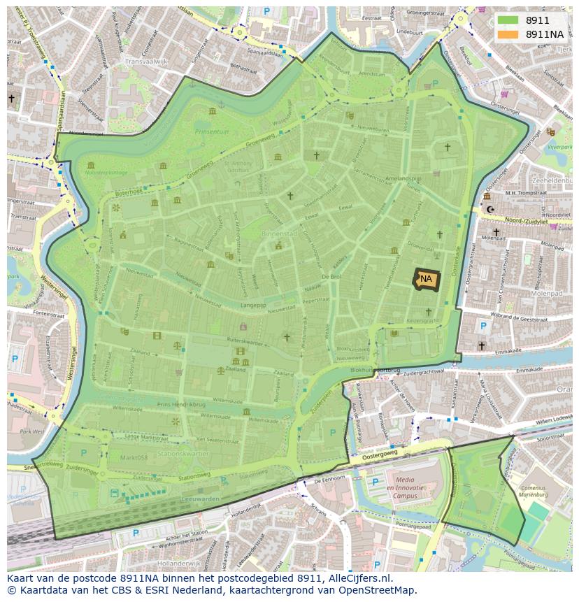 Afbeelding van het postcodegebied 8911 NA op de kaart.