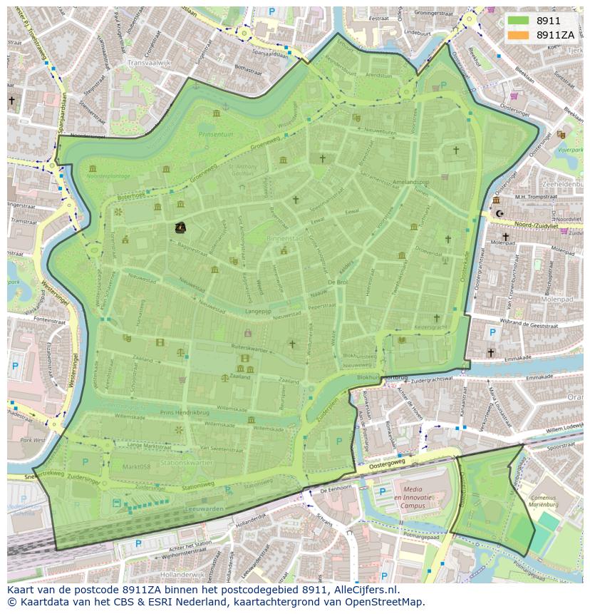 Afbeelding van het postcodegebied 8911 ZA op de kaart.