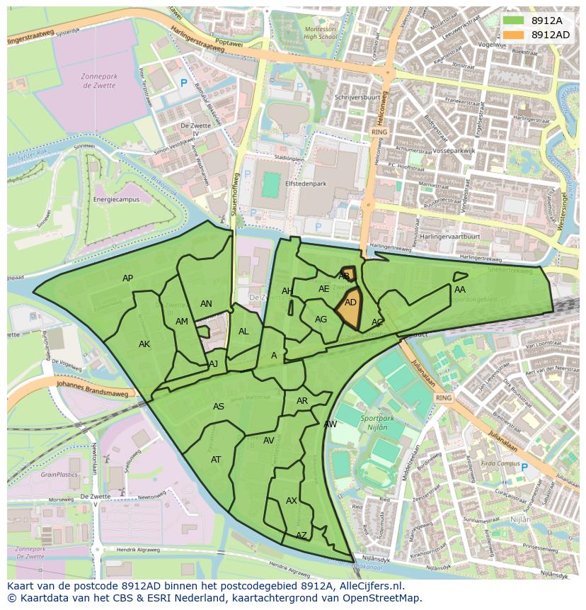 Afbeelding van het postcodegebied 8912 AD op de kaart.