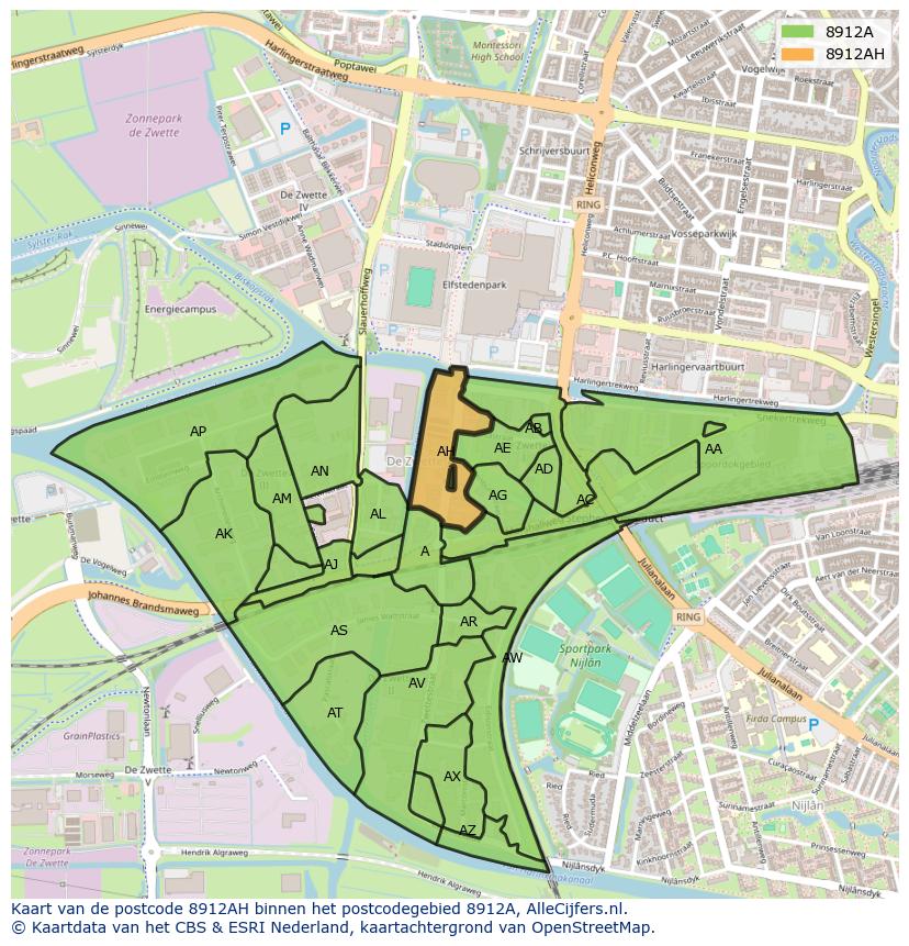 Afbeelding van het postcodegebied 8912 AH op de kaart.
