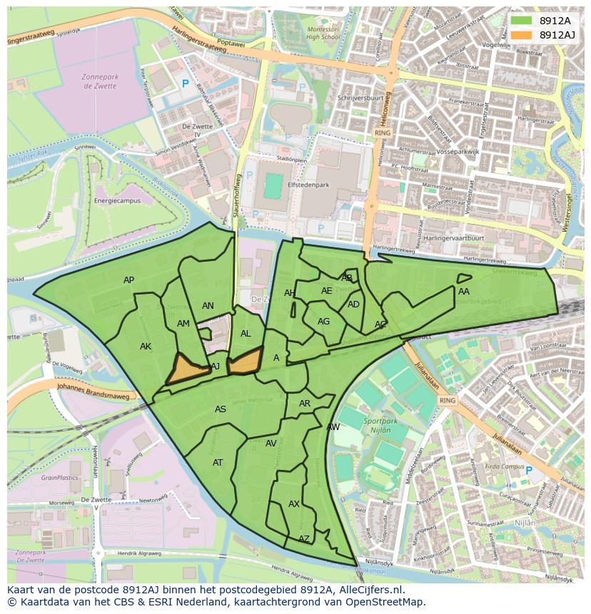 Afbeelding van het postcodegebied 8912 AJ op de kaart.