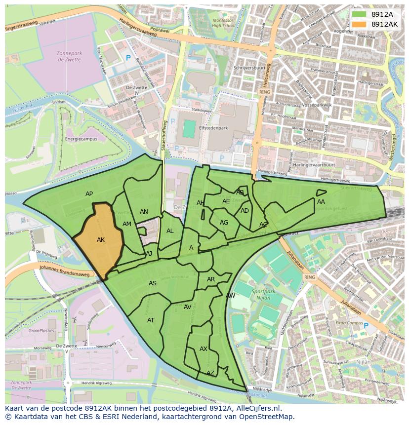 Afbeelding van het postcodegebied 8912 AK op de kaart.