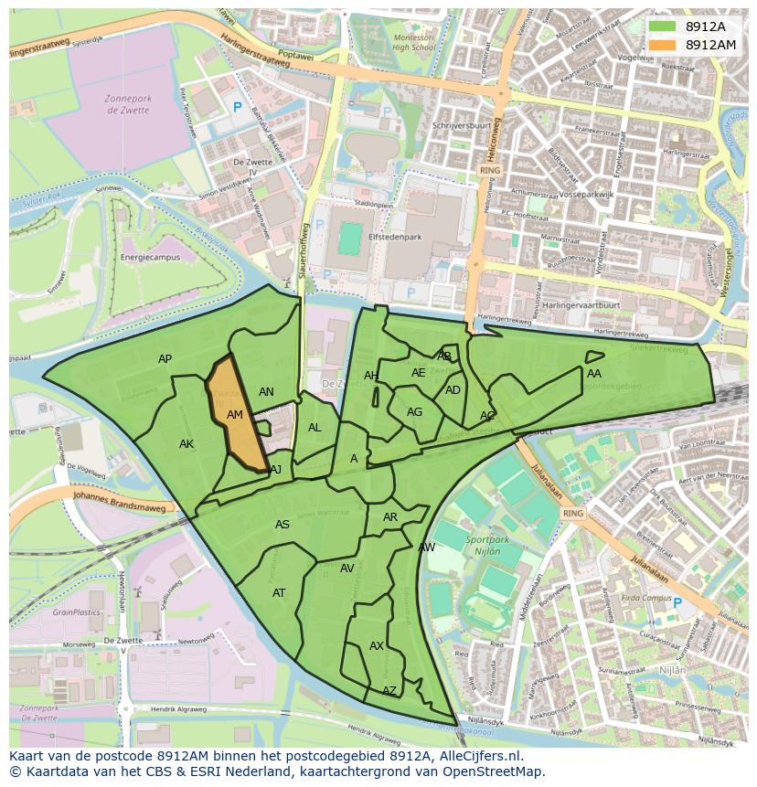 Afbeelding van het postcodegebied 8912 AM op de kaart.