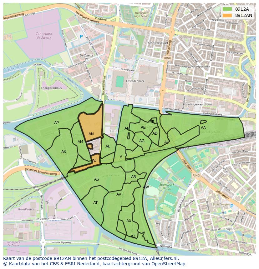 Afbeelding van het postcodegebied 8912 AN op de kaart.