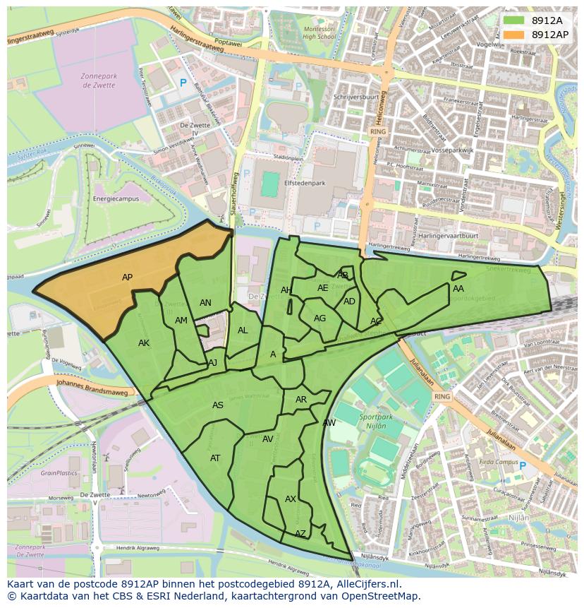 Afbeelding van het postcodegebied 8912 AP op de kaart.