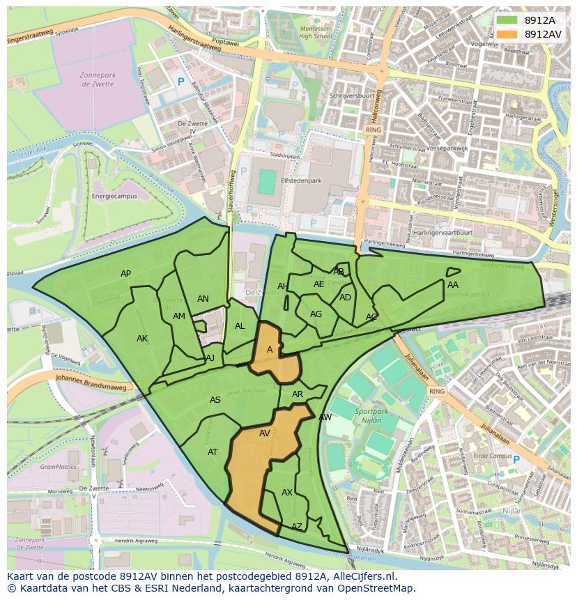 Afbeelding van het postcodegebied 8912 AV op de kaart.