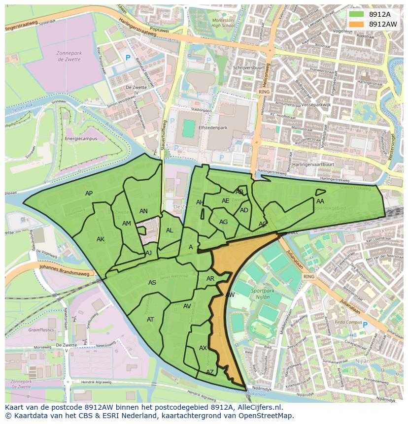 Afbeelding van het postcodegebied 8912 AW op de kaart.
