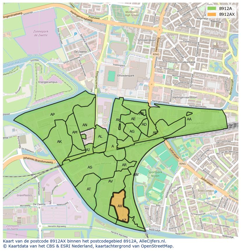 Afbeelding van het postcodegebied 8912 AX op de kaart.