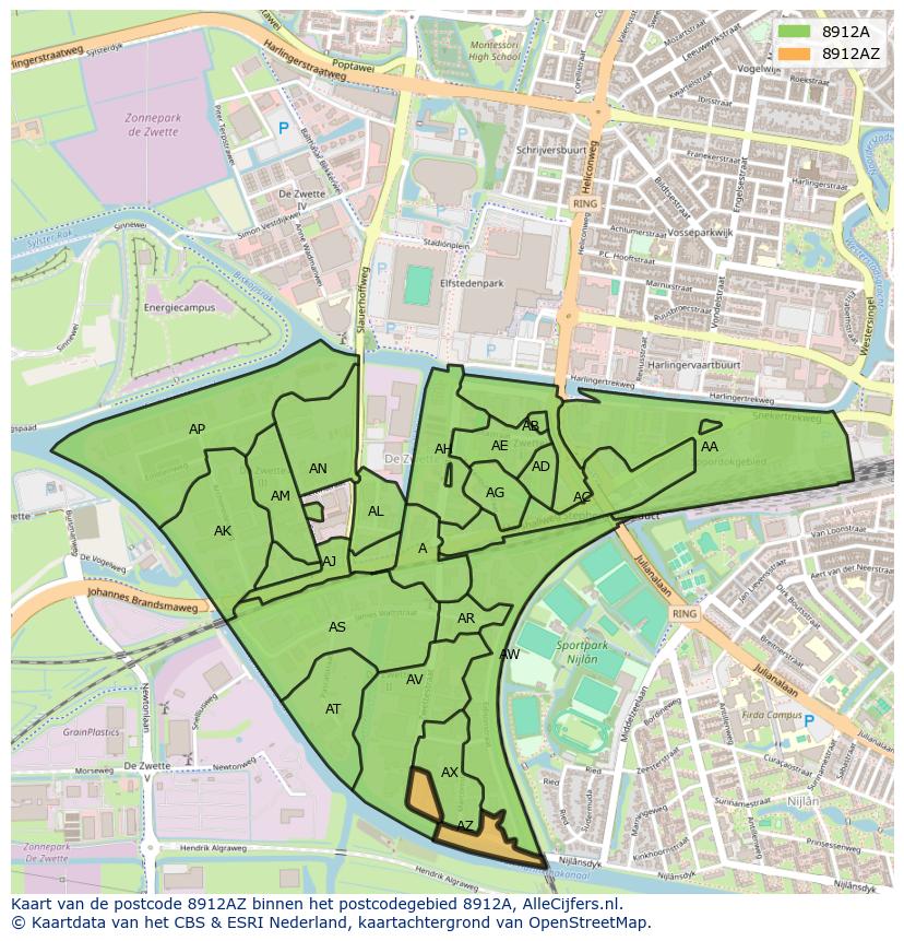 Afbeelding van het postcodegebied 8912 AZ op de kaart.