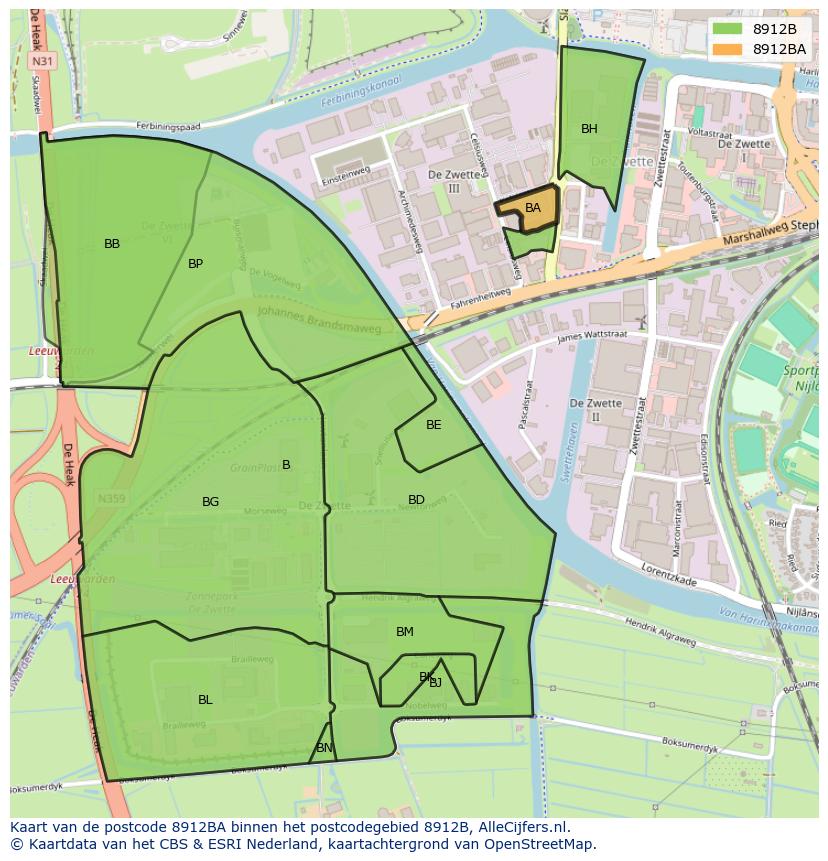 Afbeelding van het postcodegebied 8912 BA op de kaart.