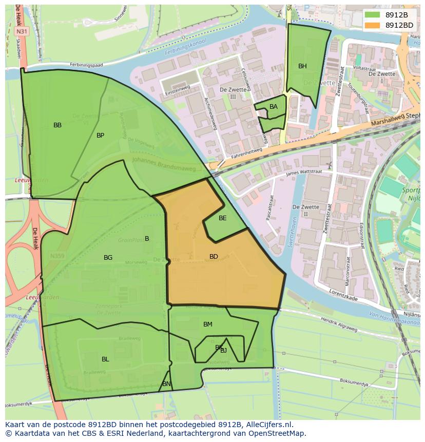 Afbeelding van het postcodegebied 8912 BD op de kaart.