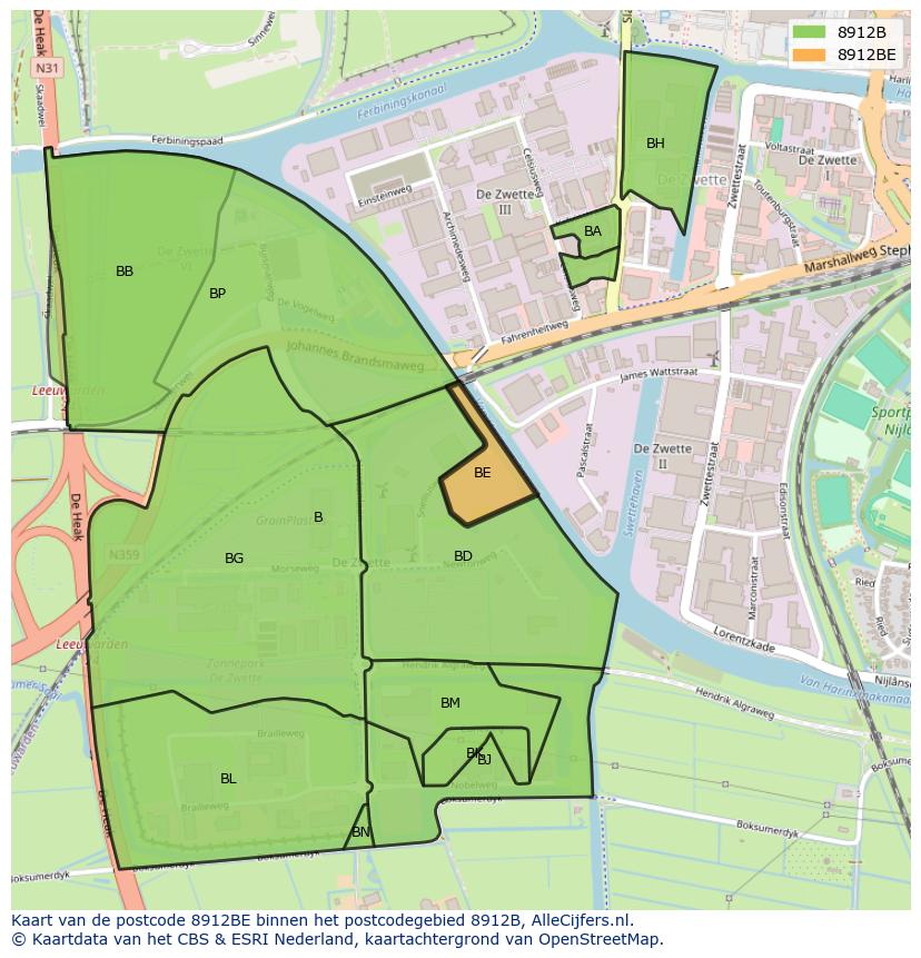 Afbeelding van het postcodegebied 8912 BE op de kaart.