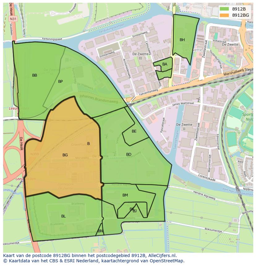 Afbeelding van het postcodegebied 8912 BG op de kaart.