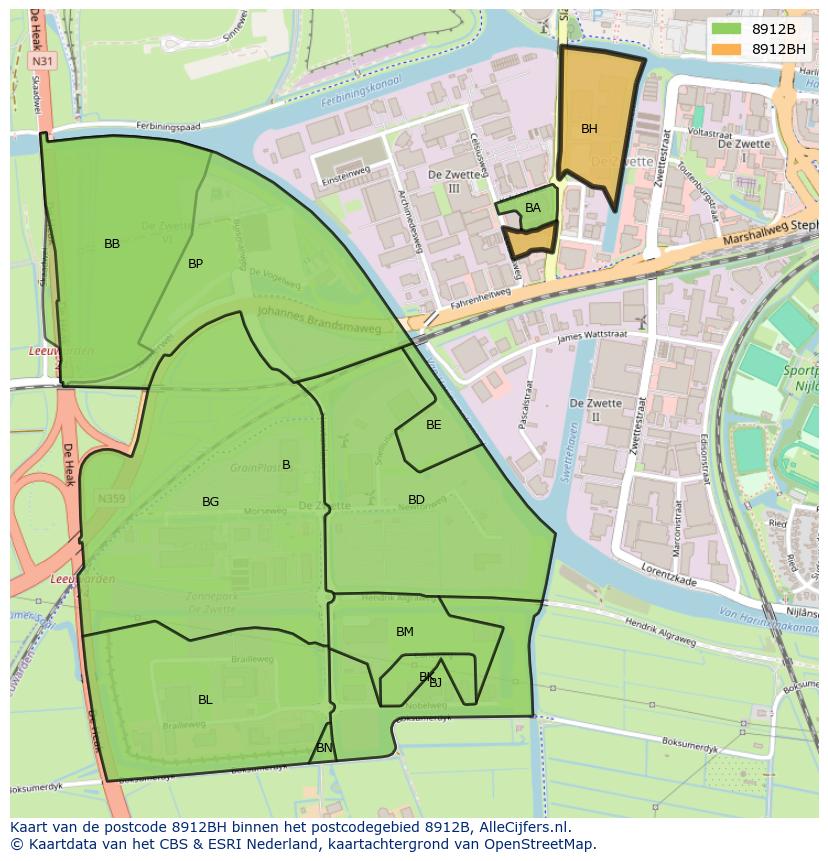 Afbeelding van het postcodegebied 8912 BH op de kaart.