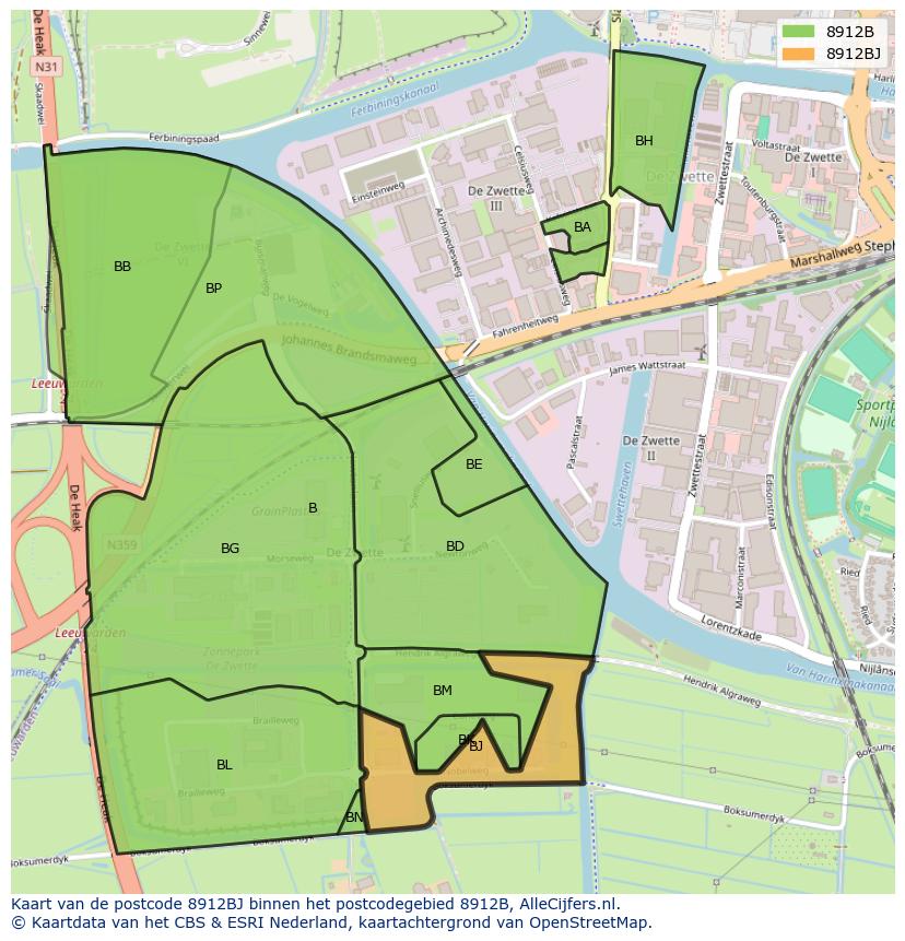 Afbeelding van het postcodegebied 8912 BJ op de kaart.