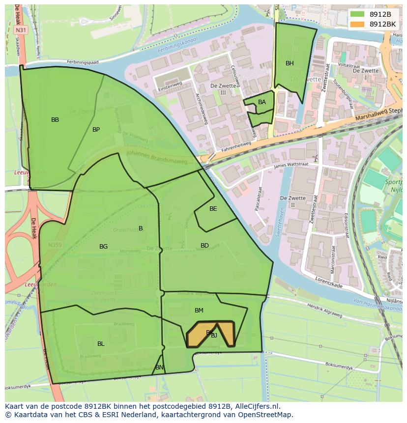 Afbeelding van het postcodegebied 8912 BK op de kaart.