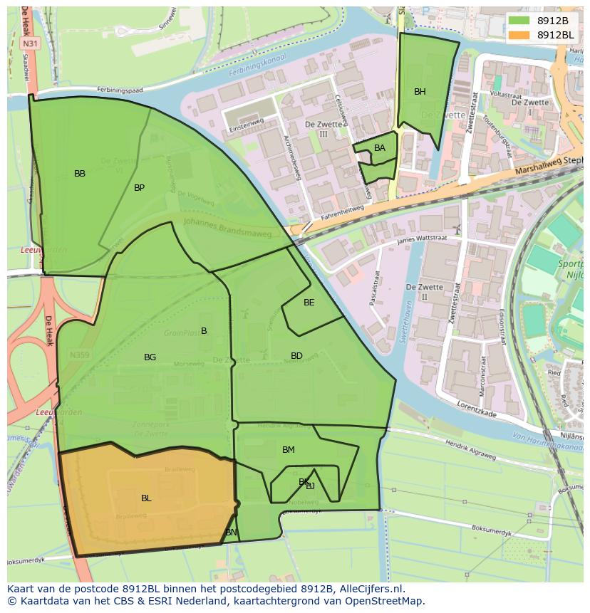 Afbeelding van het postcodegebied 8912 BL op de kaart.