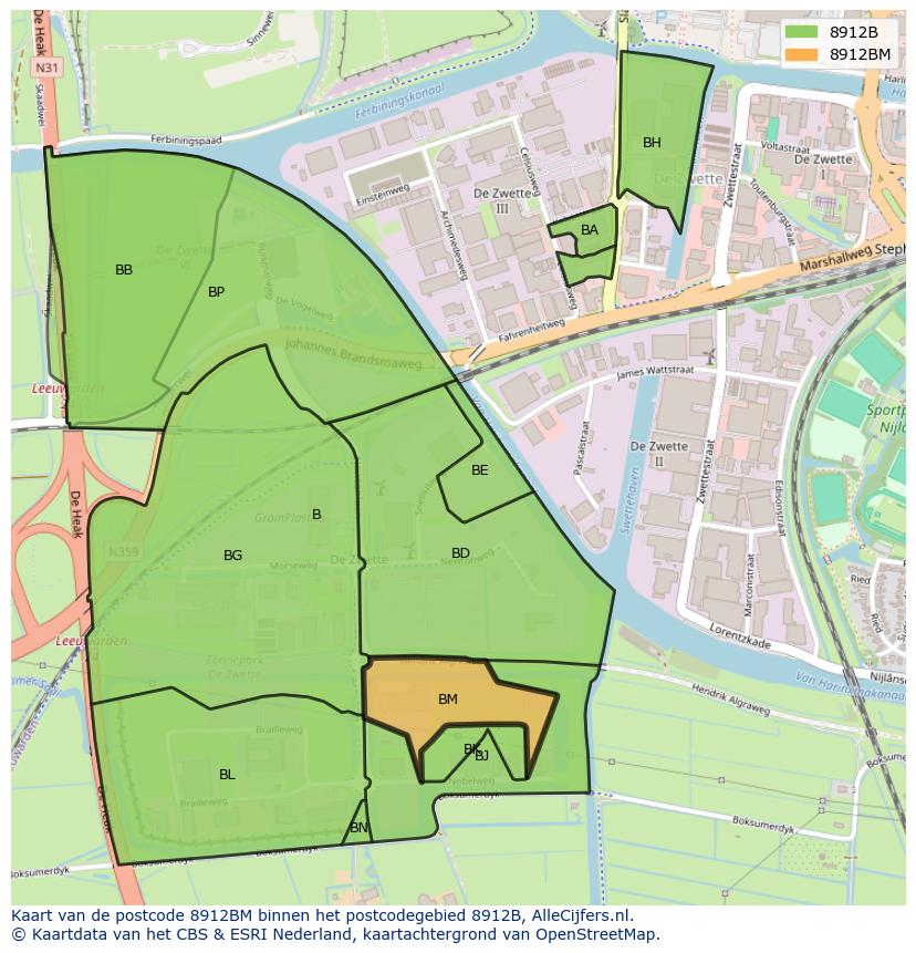 Afbeelding van het postcodegebied 8912 BM op de kaart.