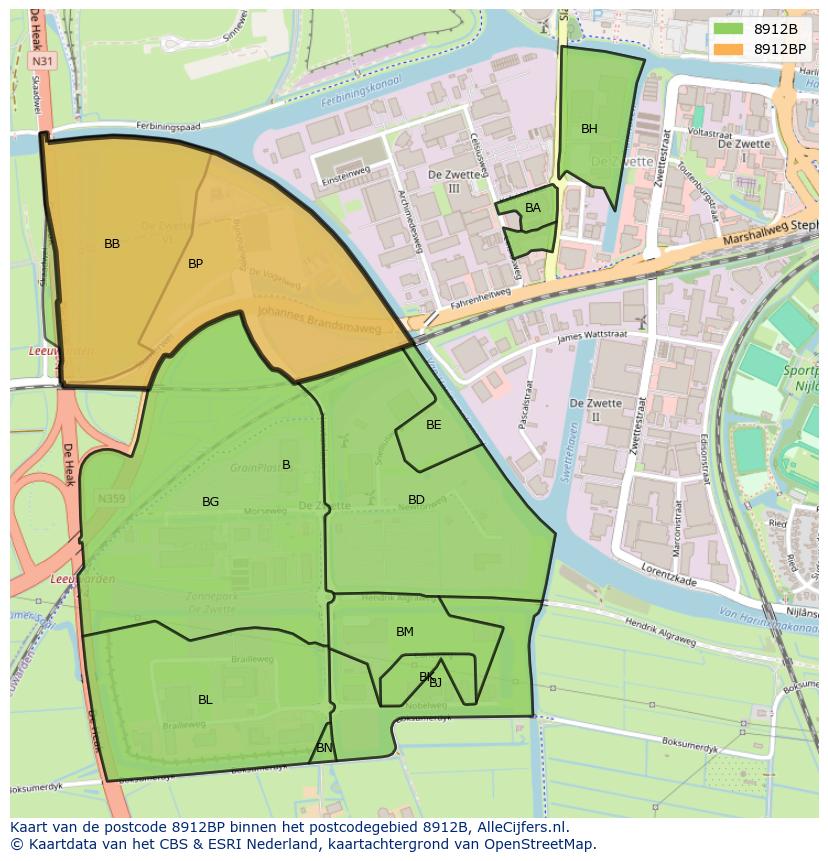 Afbeelding van het postcodegebied 8912 BP op de kaart.