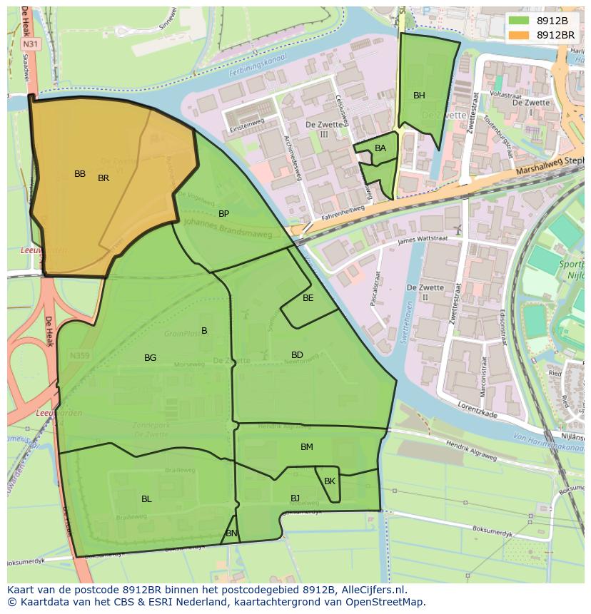 Afbeelding van het postcodegebied 8912 BR op de kaart.