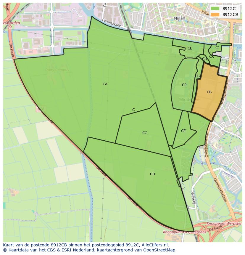 Afbeelding van het postcodegebied 8912 CB op de kaart.