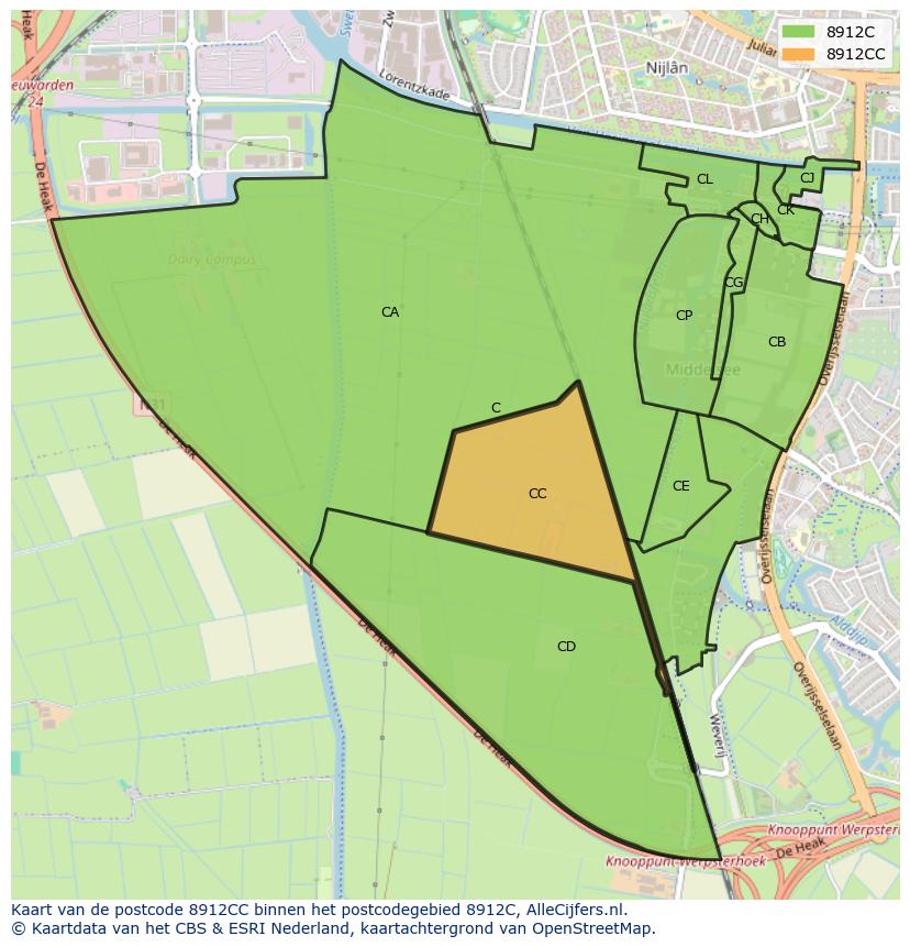 Afbeelding van het postcodegebied 8912 CC op de kaart.