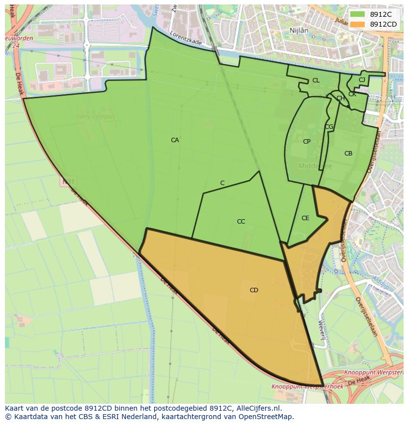 Afbeelding van het postcodegebied 8912 CD op de kaart.