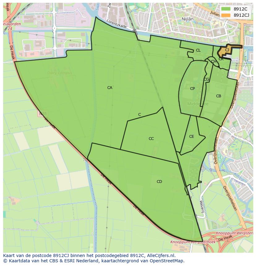 Afbeelding van het postcodegebied 8912 CJ op de kaart.