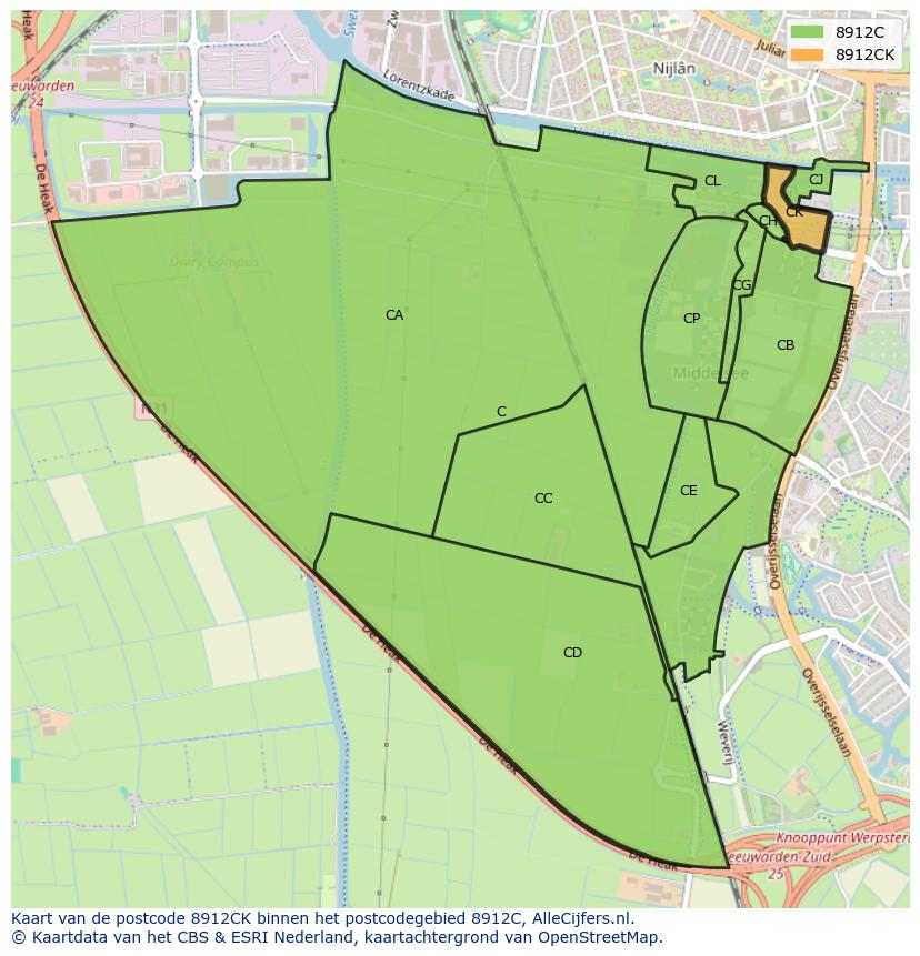 Afbeelding van het postcodegebied 8912 CK op de kaart.