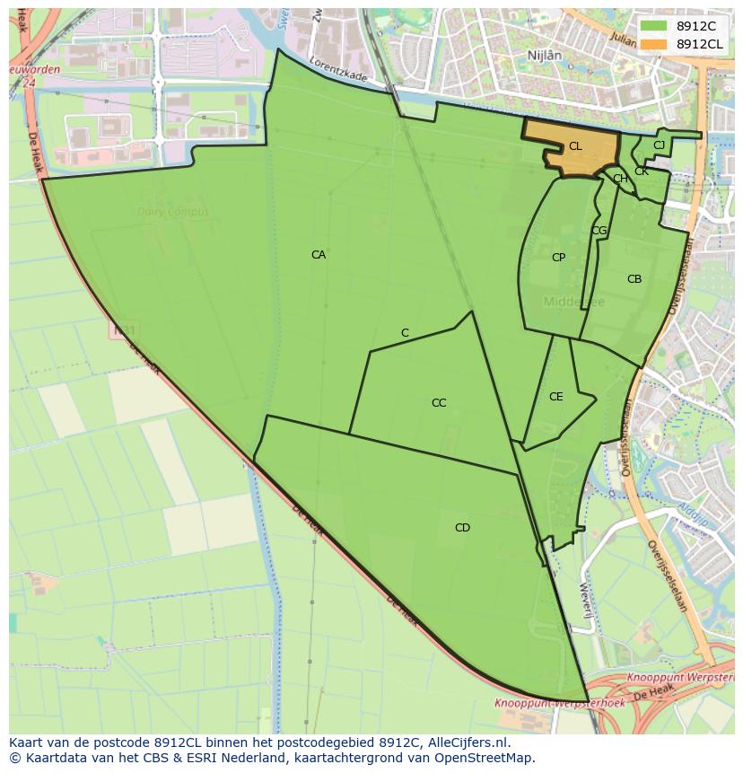 Afbeelding van het postcodegebied 8912 CL op de kaart.